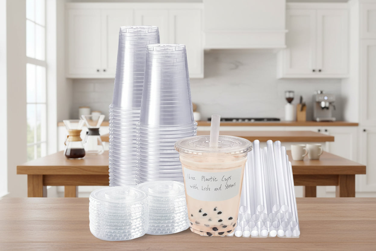 16oz Clear Disposable Cups with Lids, Straws & Stickers (50 Pack)