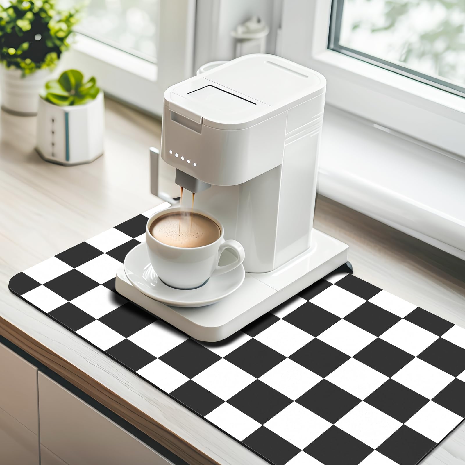 Checkered Coffee Bar Mat – Absorbent Non-Slip Coffee Machine & Dish Drying Pad (12" × 19")