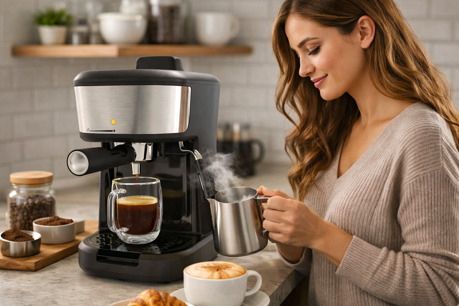 Barista-Style 4-Shot Espresso & Cappuccino Maker with Steam Wand & Milk Frother (20 oz)