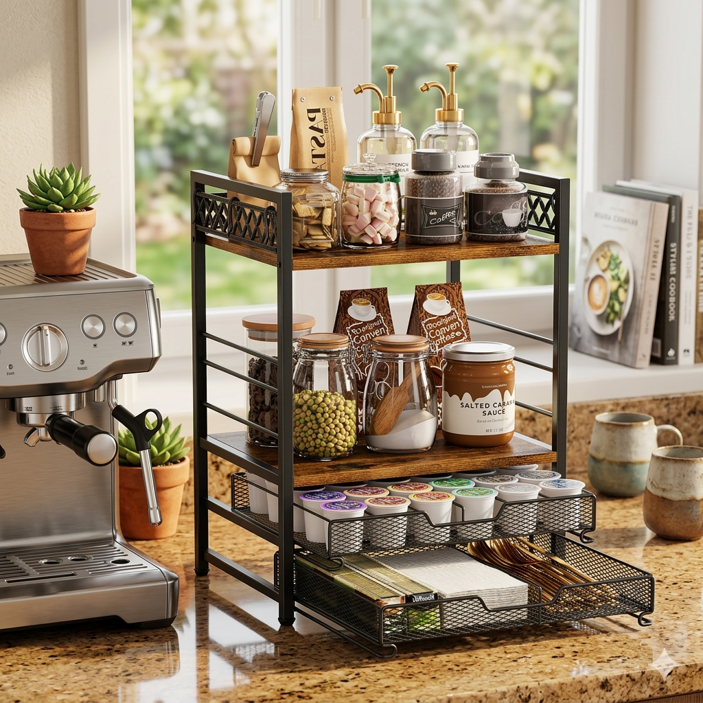 4-Tier Coffee Bar Organizer with Mug Holder & Pod Drawer – Countertop Coffee Station with 12 Hooks