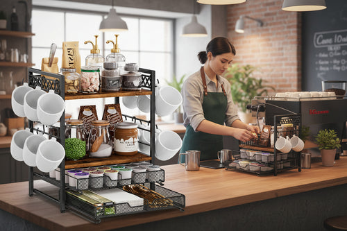 4-Tier Coffee Bar Organizer with Mug Holder & Pod Drawer – Countertop Coffee Station with 12 Hooks