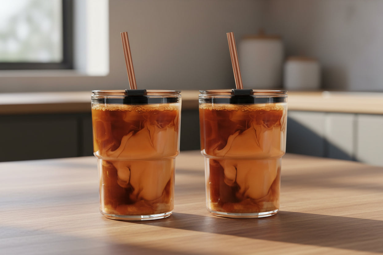 13oz Reusable Glass Tumbler with Lid & Straw – Iced Coffee, Tea & Smoothie Travel Cup (2 Pack)